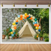 Lofaris Colorful Balloon Arch and Outdoor Tent Birthday Cake Smash Backdrop, Natural Garden Party Decor