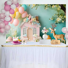 Lofaris Pastel Woodland Fairy House Birthday Cake Smash Backdrop, Baby Shower Photo Booth Decor