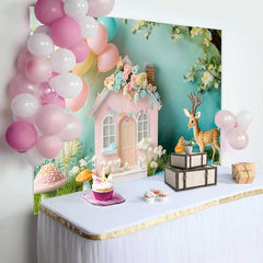 Lofaris Pastel Woodland Fairy House Birthday Cake Smash Backdrop, Baby Shower Photo Booth Decor