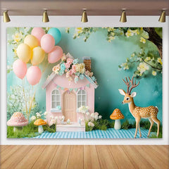 Lofaris Pastel Woodland Fairy House Birthday Cake Smash Backdrop, Baby Shower Photo Booth Decor