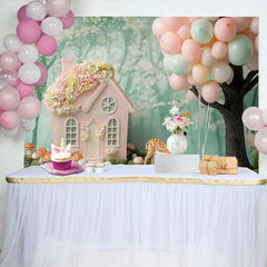 Lofaris Pink Fairy House and Deer Birthday Cake Smash Backdrop, Pastel Balloons Woodland Party Decor