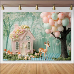 Lofaris Pink Fairy House and Deer Birthday Cake Smash Backdrop, Pastel Balloons Woodland Party Decor