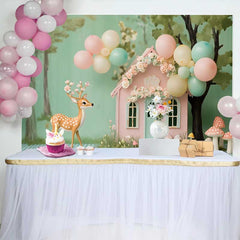 Lofaris Whimsical Woodland Fairy House and Deer Birthday Cake Smash Backdrop, Pastel Balloons Decor