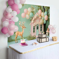 Lofaris Whimsical Woodland Fairy House and Deer Birthday Cake Smash Backdrop, Pastel Balloons Decor