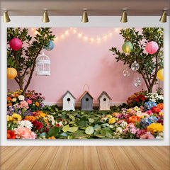 Lofaris Vibrant Floral Garden Spring Backdrop with Birdhouses and Colorful Lanterns, for Baby Shower Photos