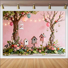 Lofaris Dreamy Pink Spring Garden Backdrop with Lush Flowers, Birdhouses, and Lanterns for Baby Shower Party
