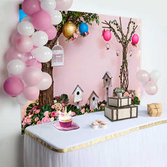 Lofaris Pink Enchanted Garden Spring Backdrop with Lush Flowers, Birdhouses, and Lanterns for Baby Shower