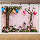 Lofaris Pink Enchanted Garden Spring Backdrop with Lush Flowers, Birdhouses, and Lanterns for Baby Shower