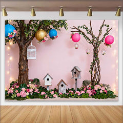 Lofaris Pink Enchanted Garden Spring Backdrop with Lush Flowers, Birdhouses, and Lanterns for Baby Shower