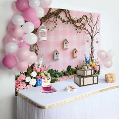 Lofaris Pink Gingham Spring Backdrop with Lush Flowers, Birdhouses and Whimsical Trees, Enchanting Garden Party Decor