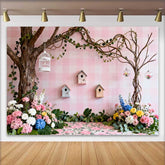 Lofaris Pink Gingham Spring Backdrop with Lush Flowers, Birdhouses and Whimsical Trees, Enchanting Garden Party Decor