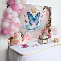 Lofaris Pastel Pink and Blue Butterfly Birthday Cake Smash Backdrop, Golden Crown Happy Birthday Floral Decor