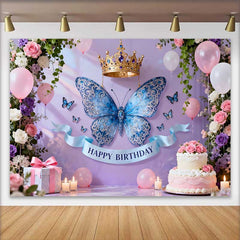 Lofaris Elegant Blue Butterfly and Gold Crown Birthday Cake Smash Backdrop, Princess Floral Party Decor