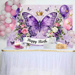 Lofaris Magical Purple Butterfly and Crown Happy Birthday Cake Smash Backdrop, Pink Balloons and Flowers Party Decor