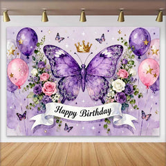 Lofaris Magical Purple Butterfly and Crown Happy Birthday Cake Smash Backdrop, Pink Balloons and Flowers Party Decor
