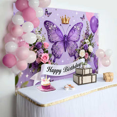 Lofaris Purple Butterfly and Crown Birthday Cake Smash Backdrop, Happy Birthday Party Decor for Girls