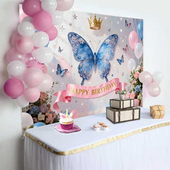 Lofaris Magical Blue Butterfly and Gold Crown Birthday Cake Smash Backdrop, Happy Birthday Party Decor for Little Girls