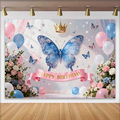 Lofaris Magical Blue Butterfly and Gold Crown Birthday Cake Smash Backdrop, Happy Birthday Party Decor for Little Girls