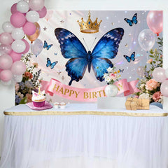 Lofaris Blue Butterfly and Golden Crown Happy Birthday Cake Smash Backdrop, Elegant Floral Balloons Decor