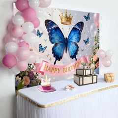 Lofaris Blue Butterfly and Golden Crown Happy Birthday Cake Smash Backdrop, Elegant Floral Balloons Decor