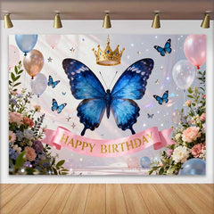 Lofaris Blue Butterfly and Golden Crown Happy Birthday Cake Smash Backdrop, Elegant Floral Balloons Decor