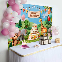 Lofaris Paper Cut Jungle Safari Animals Birthday Backdrop with Happy Birthday Cake, Wild One Theme Party Decor