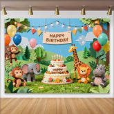 Lofaris Paper Cut Jungle Safari Animals Birthday Backdrop with Happy Birthday Cake, Wild One Theme Party Decor