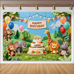 Lofaris Paper Cut Jungle Safari Animals Birthday Backdrop with Happy Birthday Cake, Wild One Theme Party Decor