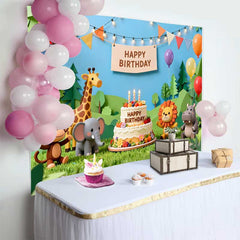 Lofaris Cute Jungle Safari Animals Birthday Backdrop with Happy Birthday Cake and Colorful Balloons for Kids Party