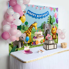 Lofaris Colorful Cartoon Jungle Safari Animals Happy Birthday Backdrop, Cake and Balloons Kids Party Decor