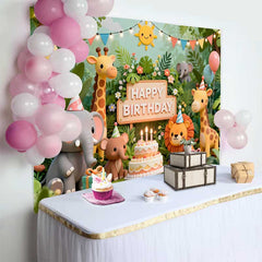 Lofaris Cute Jungle Safari Animals Birthday Backdrop with Elephant Giraffe Lion, Happy Birthday Party Decor
