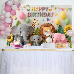 Lofaris Cute Safari Animals Happy Birthday Backdrop with Giraffe Elephant Lion, Pastel Jungle Theme Party Decor