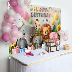 Lofaris Cute Safari Animals Happy Birthday Backdrop with Giraffe Elephant Lion, Pastel Jungle Theme Party Decor