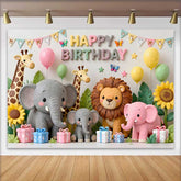 Lofaris Cute Safari Animals Happy Birthday Backdrop with Giraffe Elephant Lion, Pastel Jungle Theme Party Decor