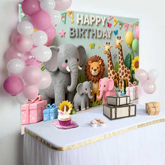 Lofaris Cute Safari Jungle Animals Happy Birthday Backdrop with Elephant, Lion, Giraffes, Sunflowers and Gifts