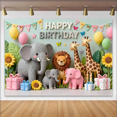 Lofaris Cute Safari Jungle Animals Happy Birthday Backdrop with Elephant, Lion, Giraffes, Sunflowers and Gifts
