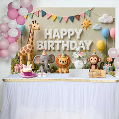 Lofaris Whimsical Clay Animals Happy Birthday Backdrop, Jungle Safari Theme for Baby Shower and Kids Party