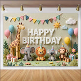 Lofaris Whimsical Clay Animals Happy Birthday Backdrop, Jungle Safari Theme for Baby Shower and Kids Party