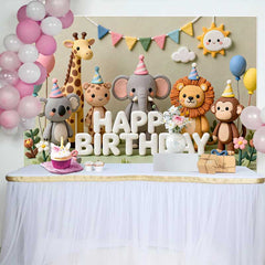 Lofaris Whimsical Clay Animals Happy Birthday Backdrop with Safari Jungle Theme, Adorable Koala Elephant Lion Monkey Party Decoration