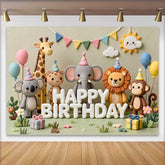 Lofaris Whimsical Clay Animals Happy Birthday Backdrop with Safari Jungle Theme, Adorable Koala Elephant Lion Monkey Party Decoration