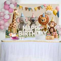 Lofaris Cute Safari Animals Happy Birthday Backdrop with Elephant, Lion, and Monkey, for Kids Party Decor