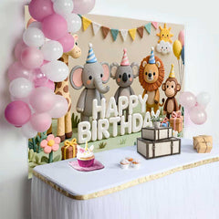 Lofaris Cute Safari Animals Happy Birthday Backdrop with Elephant, Lion, and Monkey, for Kids Party Decor