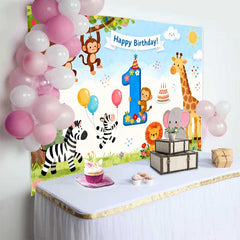 Lofaris Colorful Jungle Safari Animals First Birthday Backdrop, featuring a Number One and Happy Birthday Banner for a Wild One Celebration
