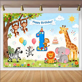 Lofaris Colorful Jungle Safari Animals First Birthday Backdrop, featuring a Number One and Happy Birthday Banner for a Wild One Celebration