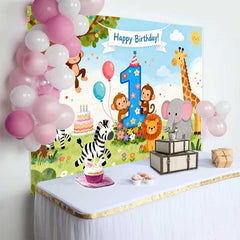 Lofaris Cute Safari Jungle Animals First Birthday Backdrop, Happy Birthday Banner and Number One Party Decor
