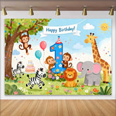 Lofaris Cute Safari Jungle Animals First Birthday Backdrop, Happy Birthday Banner and Number One Party Decor