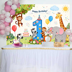 Lofaris Happy Birthday Safari Animals First Birthday Backdrop, featuring Cute Jungle Friends and Number One