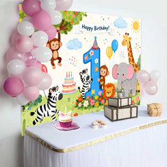 Lofaris Happy Birthday Safari Animals First Birthday Backdrop, featuring Cute Jungle Friends and Number One
