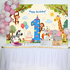 Lofaris Watercolor Jungle Animals First Birthday Backdrop, Happy Birthday Number 1 Party Decor for Baby's Celebration