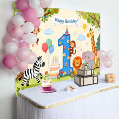 Lofaris Watercolor Jungle Animals First Birthday Backdrop, Happy Birthday Number 1 Party Decor for Baby's Celebration